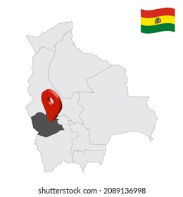 Location  Oruro Department  on map Bolivia. 3d location sign similar to the flag of Oruro. Quality map  with Departments of  Bolivia for your design. EPS10