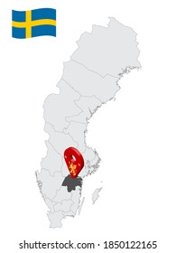 Location Ostergotland County on map Sweden. 3d location sign similar to the flag of Ostergotland County. Quality map  with regions of  Sweden for your design. EPS10.