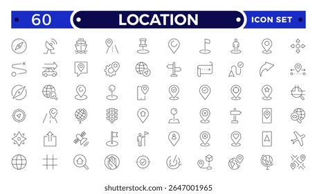 Conjunto de ícones da estrutura de tópicos do local. Contendo mapa, pino de mapa, gps, destino, direções, distância, local, navegação e ícones de endereço. 
