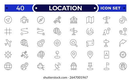 Location outline icon set. Containing map, map pin, gps, destination, directions, distance, place, navigation and address icons. 
