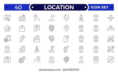 Conjunto de ícones da estrutura de tópicos do local. Contendo mapa, pino de mapa, gps, destino, direções, distância, local, navegação e ícones de endereço. 
