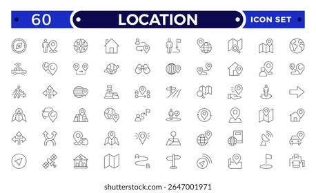 Location outline icon set. Containing map, map pin, gps, destination, directions, distance, place, navigation and address icons. 
