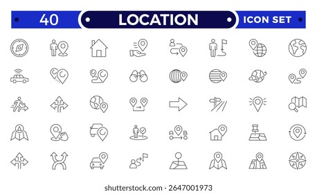 Conjunto de ícones da estrutura de tópicos do local. Contendo mapa, pino de mapa, gps, destino, direções, distância, local, navegação e ícones de endereço. 
