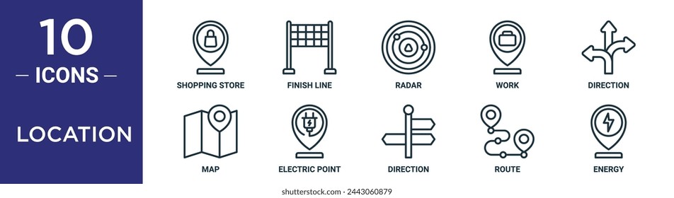 location outline icon set includes thin line shopping store, finish line, radar, work, direction, map, electric point icons for report, presentation, diagram, web design