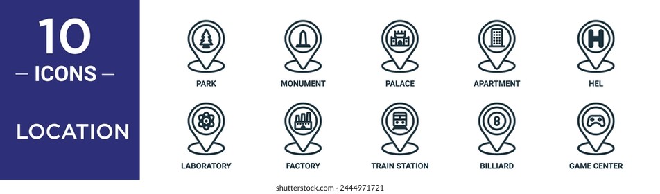 location outline icon set includes thin line park, monument, palace, apartment, hel, laboratory, factory icons for report, presentation, diagram, web design