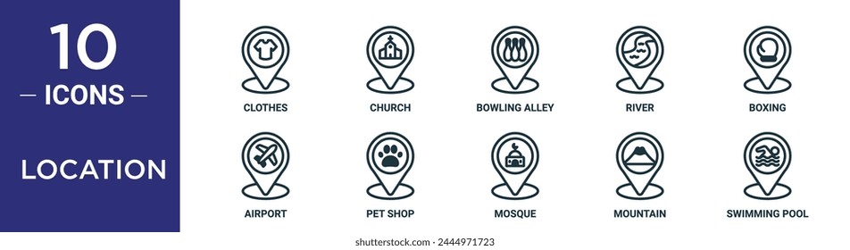 location outline icon set includes thin line clothes, church, bowling alley, river, boxing, airport, pet shop icons for report, presentation, diagram, web design