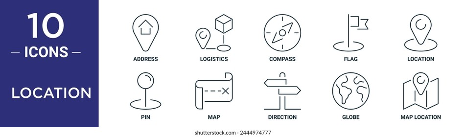 location outline icon set includes thin line address, logistics, compass, flag, location, pin, map icons for report, presentation, diagram, web design