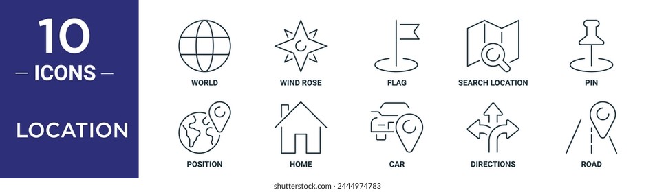 Location Outline Icon Set beinhaltet Thin Line World, Wind Rose, Flag, Search Location, Pin, Position, Home Icons für Report, Presentation, Diagram, Webdesign