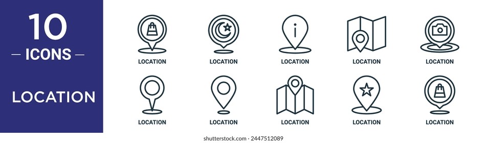 location outline icon set includes thin line location, location, icons for report, presentation, diagram, web design