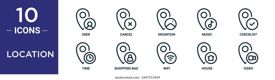 location outline icon set includes thin line user, cancel, mountain, music, checklist, time, shopping bag icons for report, presentation, diagram, web design