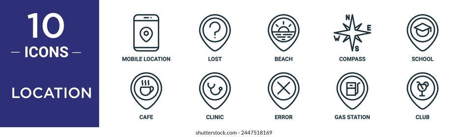 location outline icon set includes thin line mobile location, lost, beach, compass, school, cafe, clinic icons for report, presentation, diagram, web design