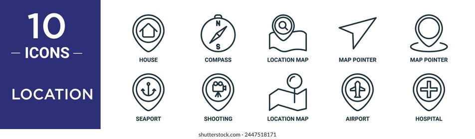 location outline icon set includes thin line house, compass, location map, map pointer, map pointer, seaport, shooting icons for report, presentation, diagram, web design