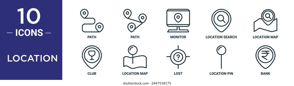 el conjunto de iconos de esquema de ubicación incluye ruta de línea fina, ruta, monitor, búsqueda de ubicación, mapa de ubicación, club, iconos de mapa para informe, presentación, diagrama, Diseño web
