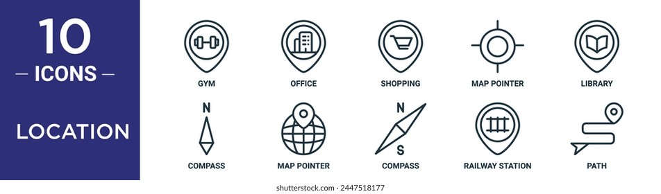 conjunto de iconos de contorno de ubicación incluye gimnasio de línea fina, oficina, compras, puntero de mapa, Biblioteca, brújula, iconos de puntero de mapa para informe, presentación, diagrama, Diseño web