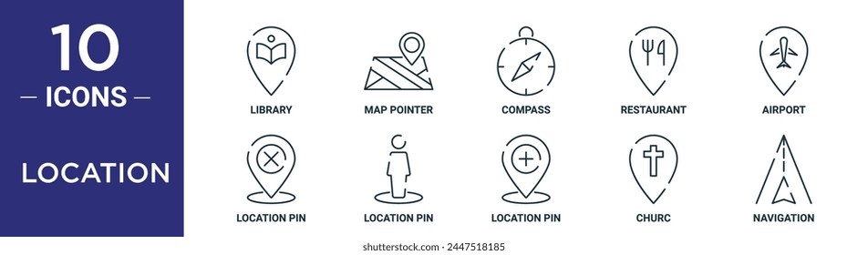 el conjunto de iconos de contorno de ubicación incluye Biblioteca de línea fina, puntero de mapa, brújula, restaurante, aeropuerto, pin de ubicación, iconos de pin de ubicación para informe, presentación, diagrama, Diseño web