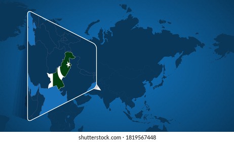 Location of Pakistan on the World Map with Enlarged Map of Pakistan with Flag. Geographical Vector Template for your design.