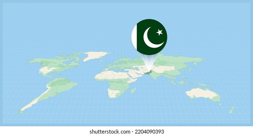 Location of Pakistan on the world map, marked with Pakistan flag pin. Cartographic vector illustration.
