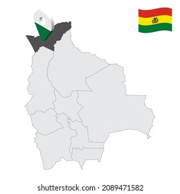 Location  Pando Department  on map Bolivia. 3d location sign similar to the flag of Pando. Quality map  with Departments of  Bolivia for your design. EPS10