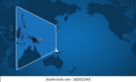 Location of Papua New Guinea on the World Map with Enlarged Map of Papua New Guinea with Flag. Geographical Vector Template for your design.