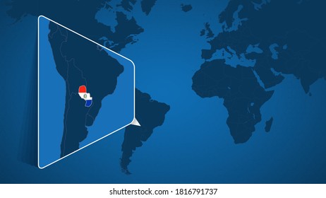 Ubicación de Paraguay en el Mapa Mundial con Mapa Ampliado de Paraguay con Bandera. Plantilla de vectores geográficos para su diseño.