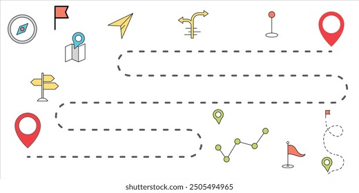 Ilustración de ruta de Locación con pin, navegación y Elementos de viaje