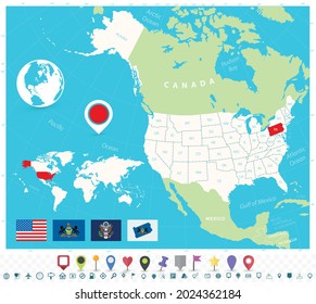 Location of Pennsylvania on USA map with flags and map icons. Detailed vector illustration.