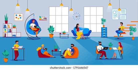 Ort mit Menschen, die im offenen Arbeitsbereich arbeiten. Zusammenarbeit, Freiberufler, Teamwork, Interaktion, Idee, eigenständiges Aktivitätskonzept. Vektorgrafik auf Blau