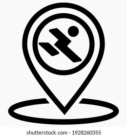 Location and person icon. Geolocation and running man. Travel icon. Sports activities. Vector icon.