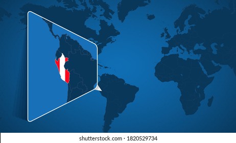 Ubicación de Perú en el Mapa Mundial con Mapa Ampliado del Perú con Bandera. Plantilla de vectores geográficos para su diseño.