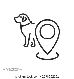 icono de mascota de ubicación, perro con pin de mapa, concepto animal de cuidado, símbolo de línea delgada sobre fondo blanco - ilustración de vector de trazo editable