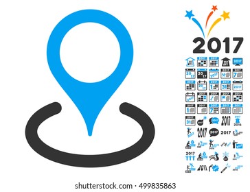 Location pictograph with bonus 2017 new year pictures. Vector illustration style is flat iconic symbols, blue and gray colors, white background.