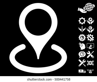Location pictograph with bonus configuration icon set. Vector illustration style is flat iconic symbols, white color, black background.
