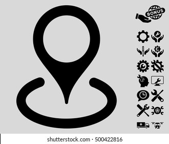 Location pictograph with bonus setup tools icon set. Vector illustration style is flat iconic symbols, black color, light gray background.