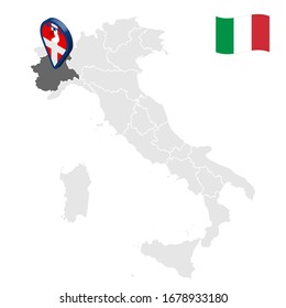 Location of  Piedmont on map Italy. 3d Piedmont location sign similar to the flag of Piedmont. Quality map  with regions of Italy. Stock vector. EPS10.