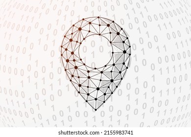Pin de ubicación 3d símbolo de barra baja con fondo de código binario. Ilustración vectorial de diseño de navegación Gps. Símbolo poligonal de entrega con puntos conectados.