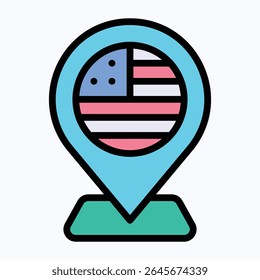 Location Pin With American Flag, Fourth Of July Icon, Vector Style Lineal color Icon.	