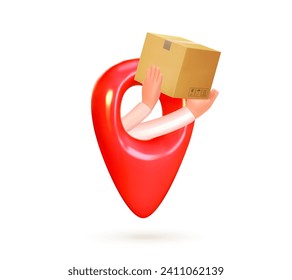 Location pin with a box in hand. 3d red location sign, delivery concept. Parcel in hand. Vector illustration