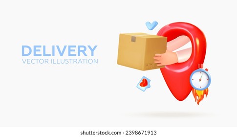 Location pin with a box in hand. Fast delivery. In 3D style. Vector