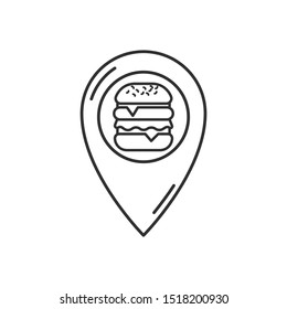Location pin and burger thin line icon. Burger shop or cafe location concept. Isolated on white background. 