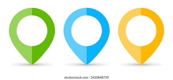 Location pin button, map pointer vector flat icon isolated on white background. Simple color tags to indicate travel destination or direction, web design elements