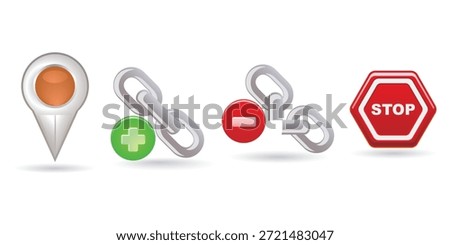 Location Pin, Chain Links, Minus Sign, and Stop Sign: Visual Metaphor for Connections and Boundaries set