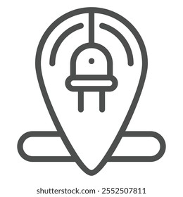 Icono de línea de enchufe de carga de pin de Locación, concepto de estación de energía. Gráficos de Vector. Signo del punto de la fuente de poder en el fondo blanco, icono del estilo del contorno para el móvil o el Diseño web