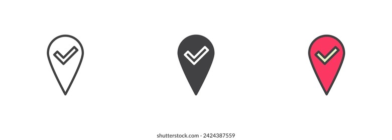 El pin de ubicación marca el conjunto de iconos de estilo diferente. Línea, glifo y contorno relleno versión colorida, contorno y signo vectorial relleno. Símbolo de comprobación del pin de asignación, ilustración del logotipo. Gráficos vectoriales