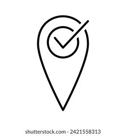 Location pin and check mark icon. GPS navigator pointer. Geolocation map mark, point location. Vector illustration.