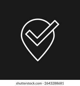  Pin de Locación con marca de verificación en el fondo negro, que representa la Locación verificada o el check-in exitoso, icono de contorno blanco