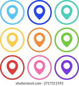 Conjunto de iconos de círculo de pin de ubicación, marcador de mapa de Vector plano y coloridos símbolos de navegación