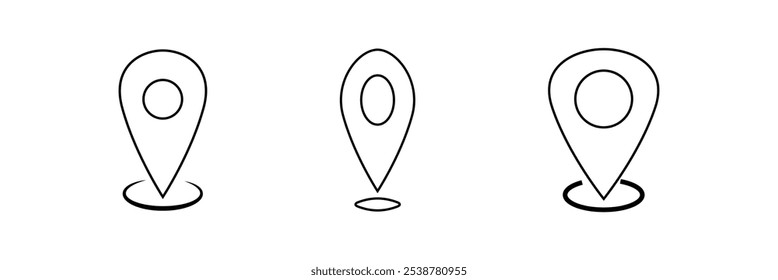 Positionsstift mit Kreis, lineares Stilsymbol. spezifischer geografischer Standort mit einem kreisförmigen Indikator. Bearbeitbare Strichbreite. Pin-Symbol für Position. EPS 10.