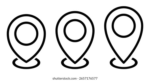 Pin de Locación con círculo, icono de estilo lineal. Conjunto de líneas de icono de ubicación de pin de mapa negro, Ilustración vectorial