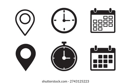 Location Pin Clock and Calendar Icon Set, Time Schedule and Map Marker Symbols