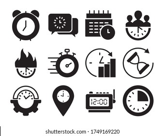 conjunto de iconos de la posición y de la hora del reloj sobre fondo blanco, estilo de silueta, ilustración vectorial